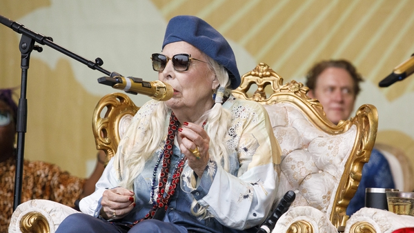 Joni Mitchel sings in a special Joni Jam performance at the 2022 Newport Folk Festival at Fort Adams State Park on July 24, 2022. (Photo by Carlin Stiehl for The Boston Globe via Getty Images)