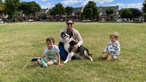 Humera Tierney photographed with her sons Hunter and Harrison and dog Ted today in Sutton
