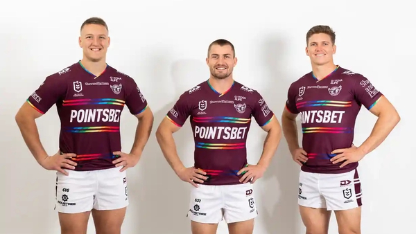 Manly players Sean Keppie, Kieran Foran and Reuben Garrick will wear the jersey. Picture: Manly Warringah Sea Eagles