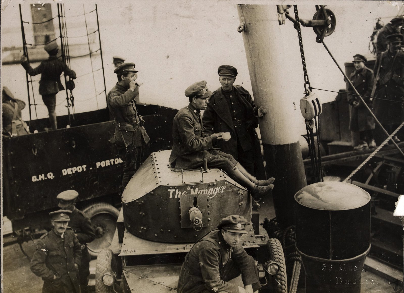 Image - Troops sitting on military vehicles on board the "Lady Wicklow", taking refreshments. Image courtesy of the National Library of Ireland