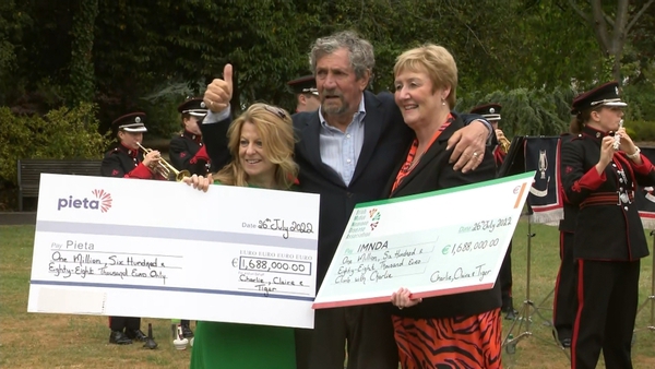 Two cheques amounting to €1,688,000 each were handed over by Charlie to the Irish Motor Neurone Disease Association and to Pieta
