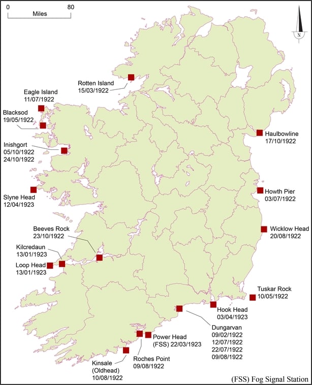 Map showing raids on lighthouses all around the Irish coast