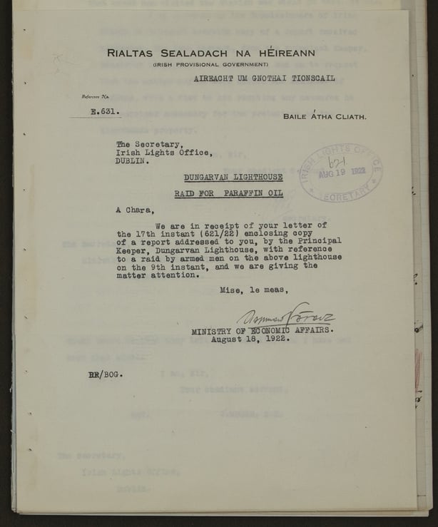 Letter dated 18 August 1922 from the Provisional Government's Ministry of Economic Affairs to Irish Lights, assuring them that the recent raid on Dungarvan Lighthouse was being investigated. (CILA, WR/2/5)