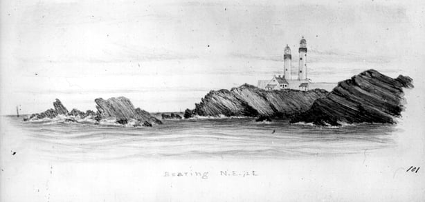 Sketch of Slyne Head Lighthouse, Co. Galway, by Robert Callwell, one of the Commissioners of Irish Lights. The sketch dates from the 1860s. Originally constructed with two towers, the second tower has been inactive since 1898. (NPA, CIL233. Reproduced courtesy of the National Library of Ireland