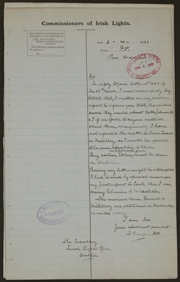 Letter dated 2 April 1923 from Frederick Coupe, Principal Lightkeeper at Poer Head Lighthouse, to Irish Lights. Coupe stated that he had not informed the Civic Guard or National Army about a recent raid as the raiders had threatened to shoot him and his Assistant Keeper if he did so. (CILA, WR/2/7)