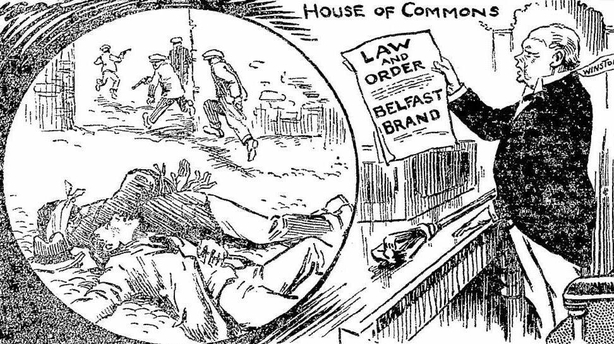 A cartoon showing Winston Churchill discussing the brutal 'law and order' being experienced in Belfast Photo: Sunday Independent, 19 February 1922