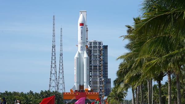 The Wentian experimental module and the Long March 5B remote three carrier rocket assembly seen in transit on 18 July at Wenchang space launch site