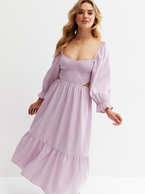 New Look Lilac Shirred Cut Out Side Tiered Midi Dress