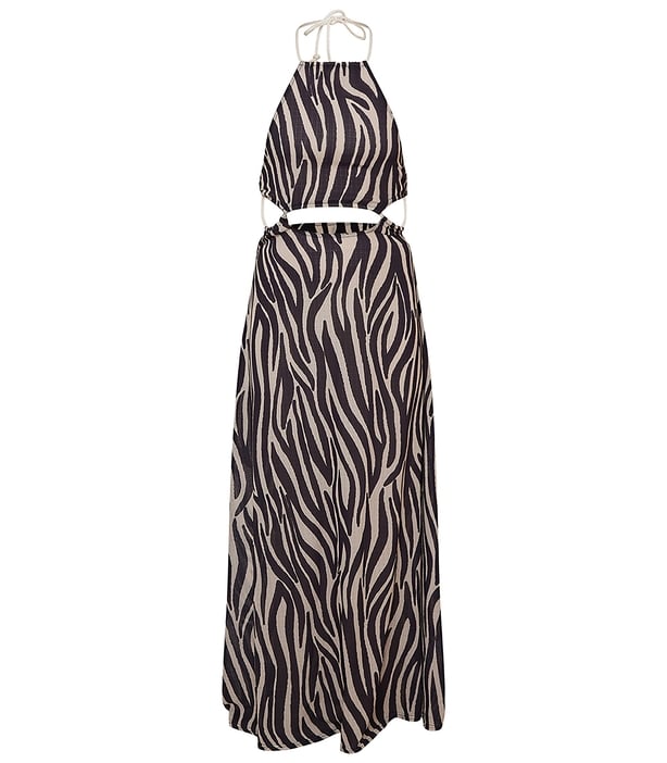 PrettyLittleThing Stone Zebra Extreme Cut Out Rope Detail Beac Maxi Dress