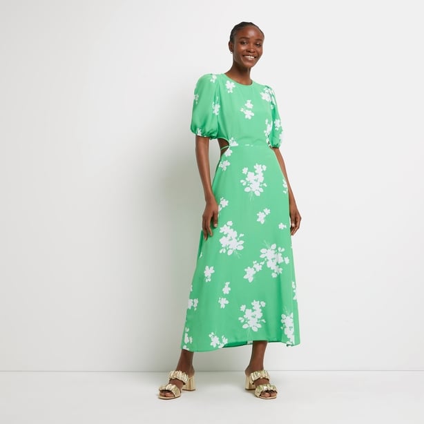 River Island Green Floral Cut Out Shift Midi Dress