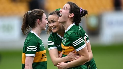 Kerry players Niamh Ní Chonchúir, Anna Galvin, behind, and Cáit Lynch, left, celebrate after their side's victory in the quarter-final