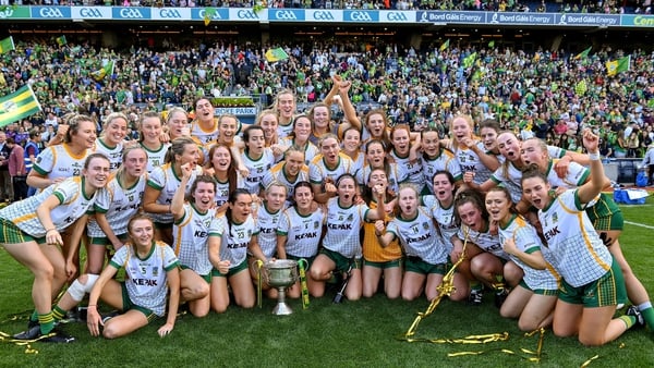 Meath players celebrate with the Brendan Martin Cup at Croke Park