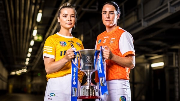 Antrim's Emma Laverty and Michelle McArdle of Armagh pose with the Kay Mills Cup