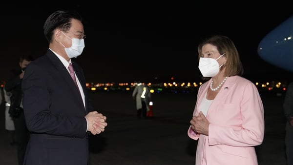 Nancy Pelosi was welcomed by Taiwanese Foreign Minister Joseph Wu (Pic via Taiwanese Foreign Ministry/Getty)