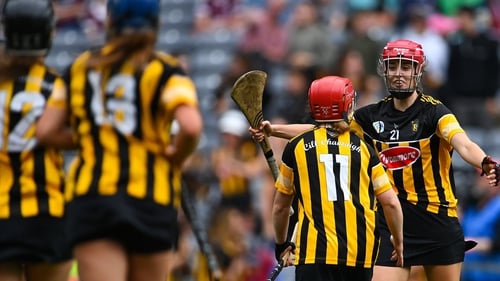 Sophie Dwyer of Kilkenny, right, celebrates with teammate Katie Nolan after their side's victory in the semi-final against Galway