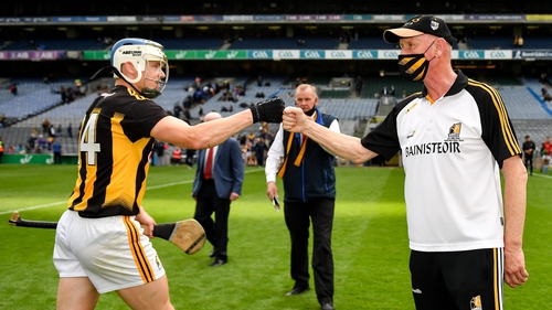 TJ Reid (L) and Brian Cody celebrate after the 2021 Leinster semi-final win over Wexford