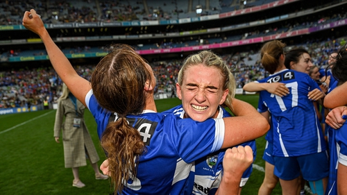 Emma Lawlor celebrates with team-mate Anna Healy after the win over Wexford