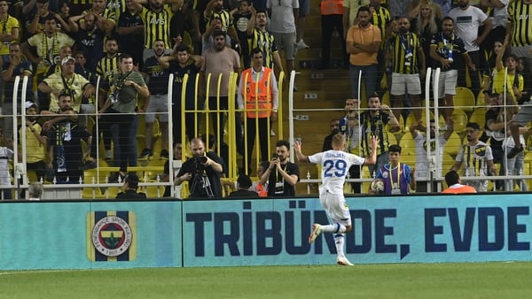 Dynamo Kyiv's Vitali Buyalsky celebrates after scoring against Fenerbahce