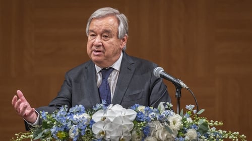 United Nations Secretary General Antonio Guterres at a commemorative event in Japan on the 77th anniversary of the Hiroshima bombing