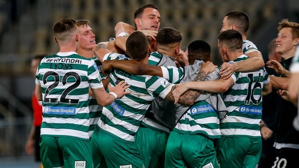 Shamrock Rovers mob Rory Gaffney after his goal