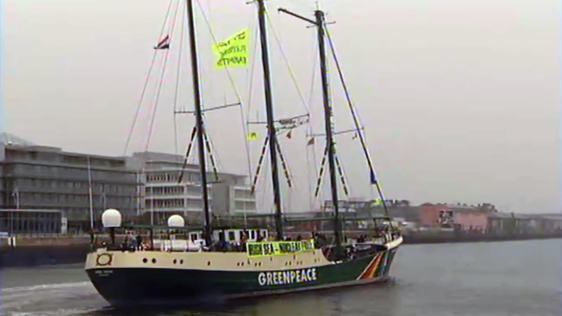 The Greenpeace ship the Rainbow Warrior leaves Dublin Port, 2002.