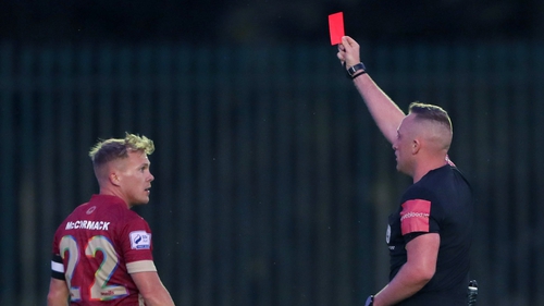 Conor McCormack of Galway United is shown a red card by referee Alan Patchell