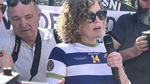 Fiona Donohoe, mother of Noah, speaking at Belfast protest
