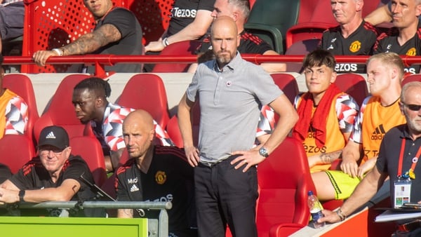 A dejected Erik ten Hag looks on during Manchester United's defeat to Brentford