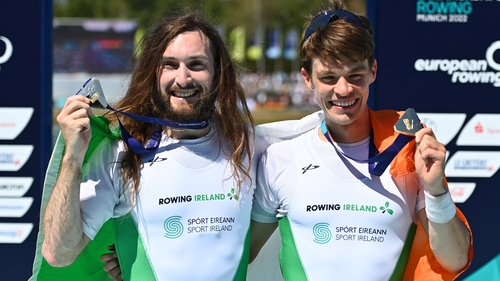 Paul O'Donovan and Fintan McCarthy celebrate their win in Munich