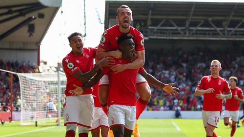 Taiwo Awoniyi celebrates his goal with his Nottingham Forest team-mates