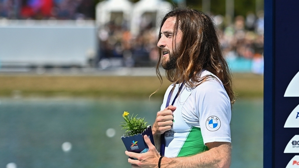 Paul O'Donovan during the gold medal ceremony at the European Championships