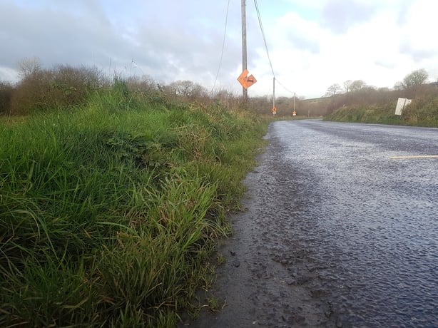 Another photo of a country road lined by ditches and long grass and hedgerows
