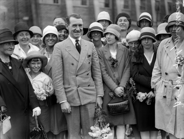 Colonel James Fitzmaurice with a group of well-wishers in Germany, 1928.