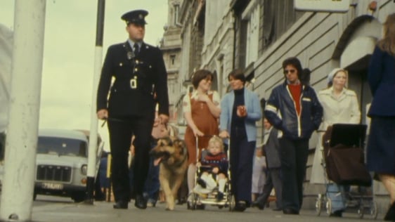 Garda dog on the beat in O'Connell Street, Dublin, 1977.