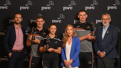 Walsh, O'Sullivan and Hegarty pictured with their awards alongside GPA CEO Tom Parsons, Marie Coady, PwC Partner and GAA president Larry McCarthy
