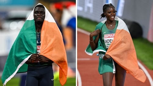 Israel Olatunde and Rhasidat Adeleke flying the Irish tricolour after their respective final runs at the European Championships