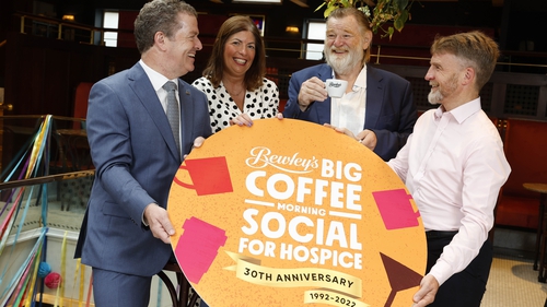 Fintan Fagan, CEO at St. Francis Hospice, Audrey Houlihan, Chairperson of Together for Hospice and CEO at Our Lady's Hospice & Care Services, Brendan Gleeson and Cól Campbell, Bewley's at the launch of Bewley's Big Coffee Morning Social for Hospice