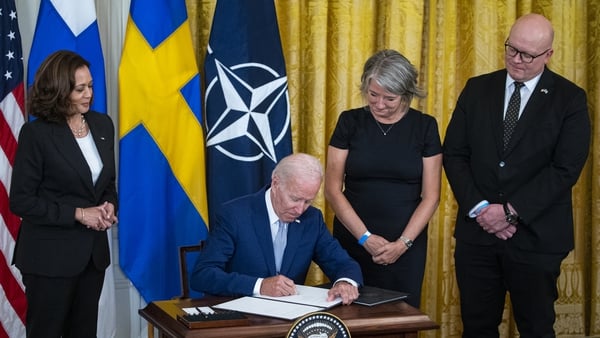 US President Joe Biden ratifies NATO applications for Karin Olofsdotter, Sweden's US ambassador and Mikko Hautala, Finland's US ambassador, alongside Vice President Kamala Harris