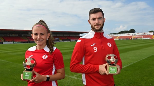 Sligo Rovers players, Emma Doherty, with the SSE Airtricity Women's National League Player of the Month for June/July 2022, and Aidan Keena, with the SSE Airtricity/SWI Player of the Month for July 2022