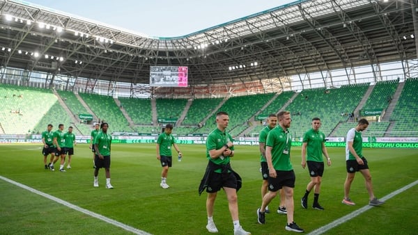 Shamrock Rovers players walk the pitch at Ferencvaros ahead of the 2022 clash