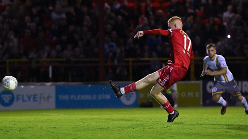 Shane Farrell scores from the penalty spot for Shelbourne
