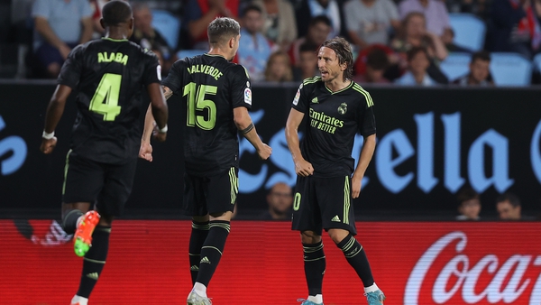 Luka Modric celebrates scoring Real Madrid's second goal of the night against Celta Vigo