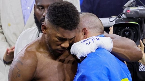 Anthony Joshua congratulates Oleksandr Usyk after their heavyweight boxing rematch