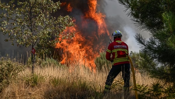 Firefighters try to contain a wildfire earlier this summer in Sao Tome do Castelo, Portugal