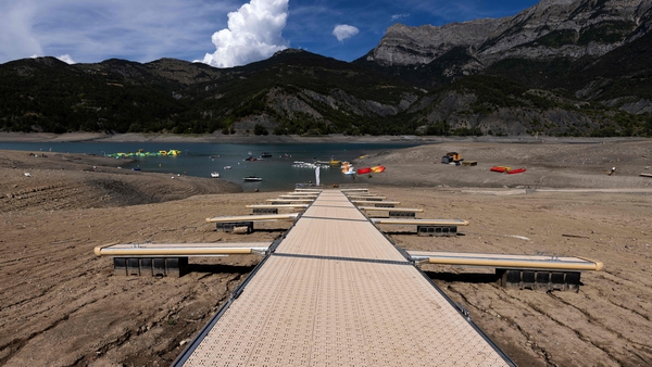 Boarding pontoons on lake Serre-Poncon in the French Alps, where the water level decreased 14m due to drought