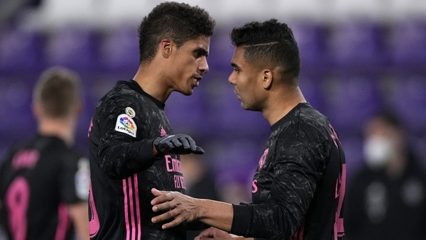 Raphael Varane and Casemiro in action for Real Madrid in 2021