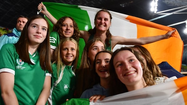 Ciara Mageean celebrates with young fans at the European Championships in Munich