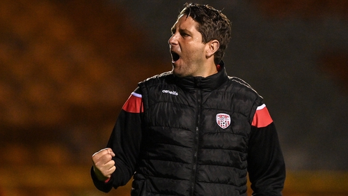 Derry City manager Ruaidhri Higgins in jubilant form after the late winner against Shelbourne