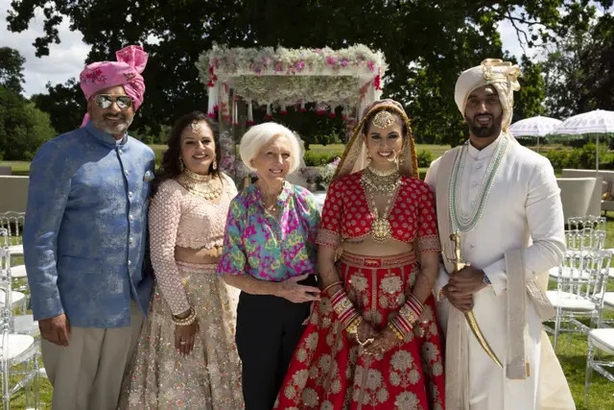 Mary Berry with Nirav and Kajal and their family on their wedding (BBC/Sidney Street/Endemol Shine UK/Ian Gillingham/PA)