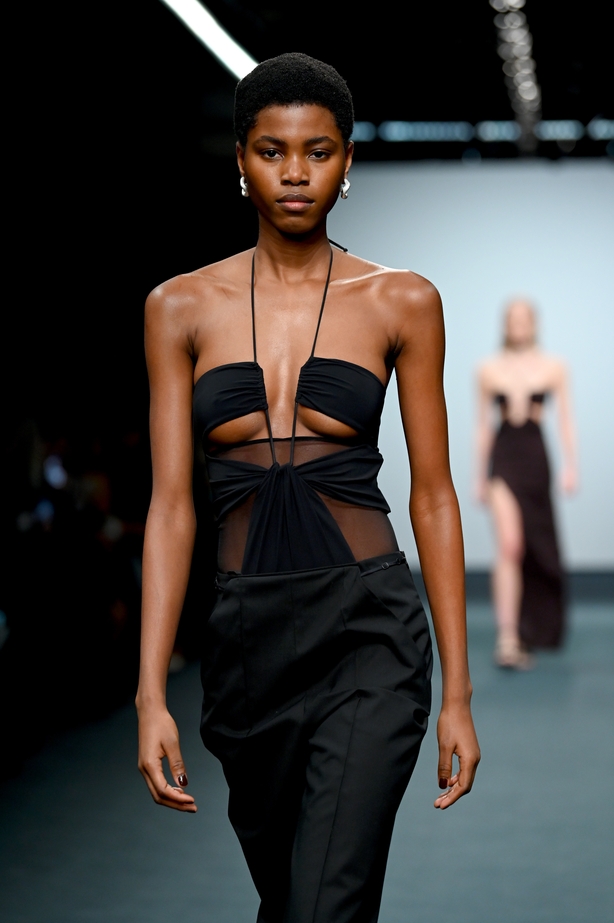 A model walks the runway at the Nensi Dojaka show during London Fashion Week in February 2022